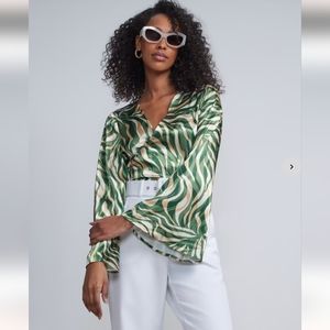 BNWT Women's FAUX WRAP PRINTED TIE-WAIST ANGEL SLEEVES TOP Xlarge/ SHADED SPRUCE